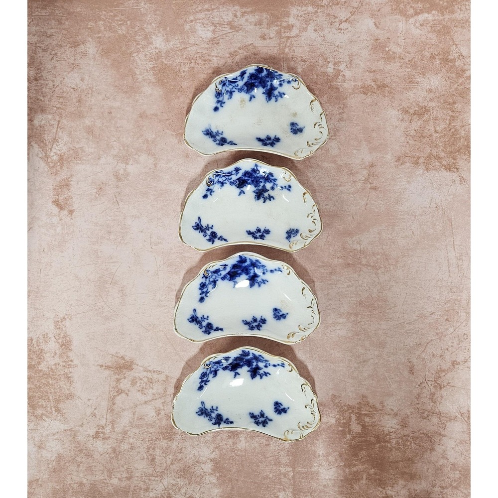 Antique W H Grindley Flow Blue 4 Floral Porcelain Crescent Side Plates Bone Dish